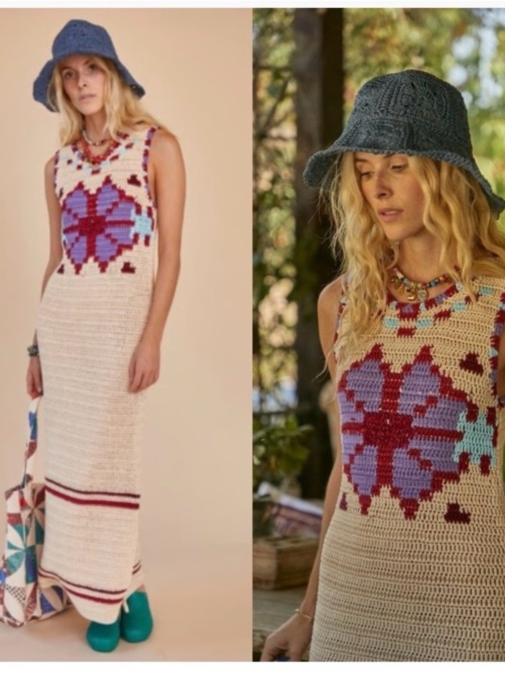 Hunter Bell NY Lilah cream Crochet Sleeveless Dress with Maroon & Teal Pattern M